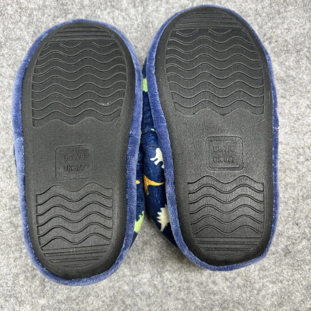 Unbranded Toddler Dinosaur Print Slippers Size 7/8 Navy Blue Faux Fur Lined